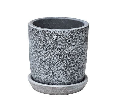 Alena Glazed Pottery Planter, Etched Gray - Round Short - Image 0
