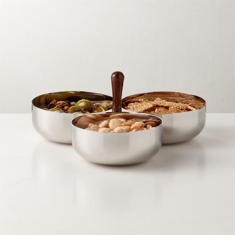 Kalman Polished Stainless Steel and Walnut Wood Serving Bowl Trio - Image 1