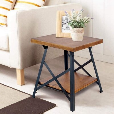 Industrial End Table With Solid Wood Top, Metal Base - Image 0