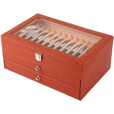 Fountain Pen Display Case Holder Leather Storage Collector Organizer Box Two Level Display Case With Drawer (36 Orange) - Image 0