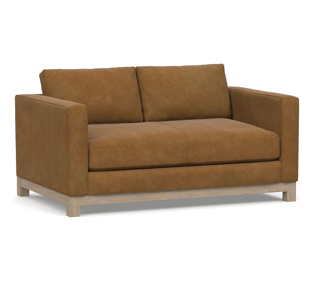 Jake Leather Apartment Sofa 63" with Wood Legs, Down Blend Wrapped Cushions, Nubuck Camel - Image 0