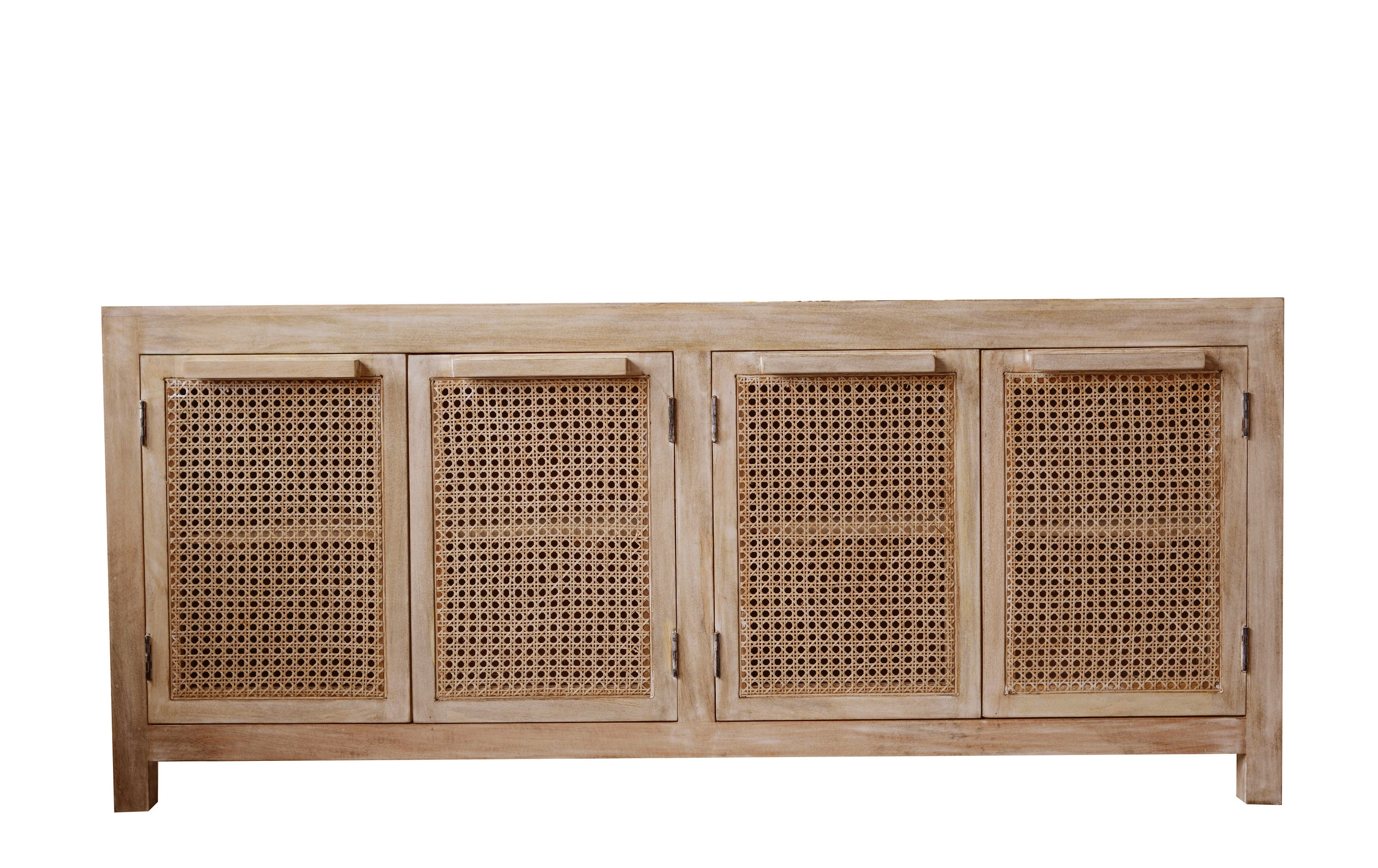 Mango Wood and Cane Sideboard with 1 Shelf and 4 Cane Doors, Natural - Image 0