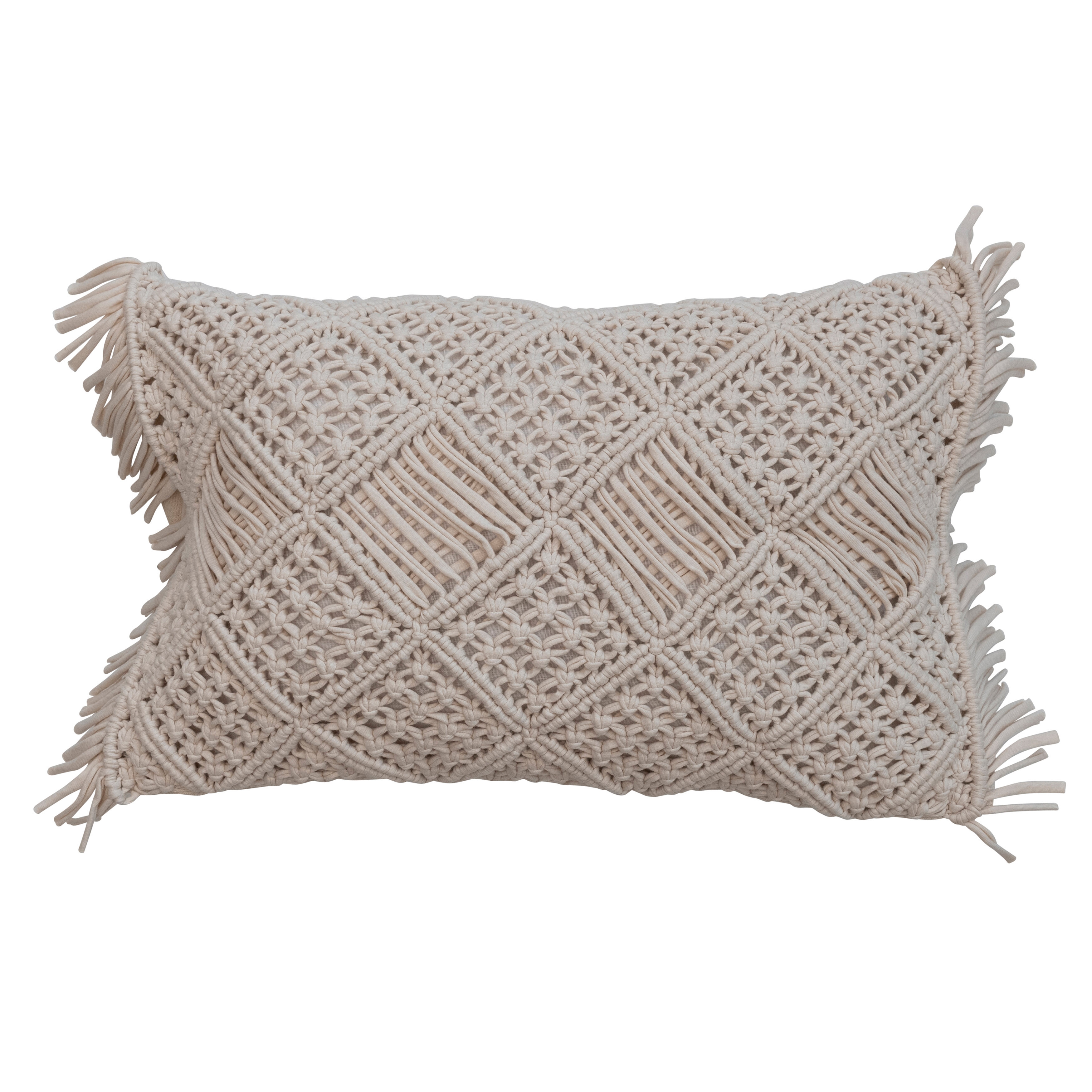 Boho Handwoven Cotton Macramé Lumbar Pillow with Fringe, Ivory - Image 0