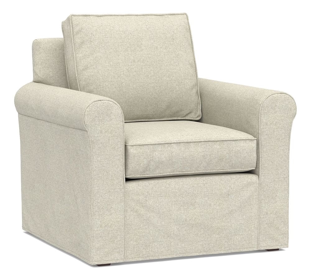 Cameron Roll Arm Slipcovered Armchair, Polyester Wrapped Cushions, Performance Heathered Basketweave Alabaster White - Image 0