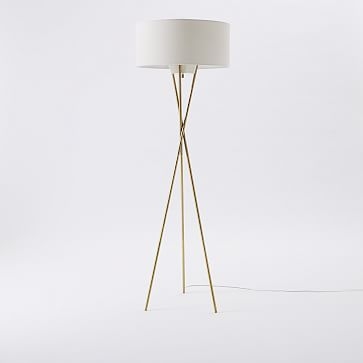 Mid-Century Metal Tripod Floor Lamp Antique Brass White Linen (66") - Image 1