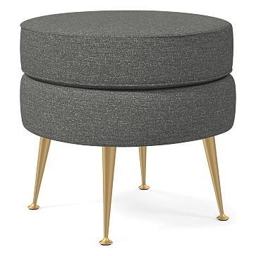 Pietro Midcentury Ottoman - Small Round, Poly, Yarn Dyed Linen Weave, Alabaster, Brass - Image 2