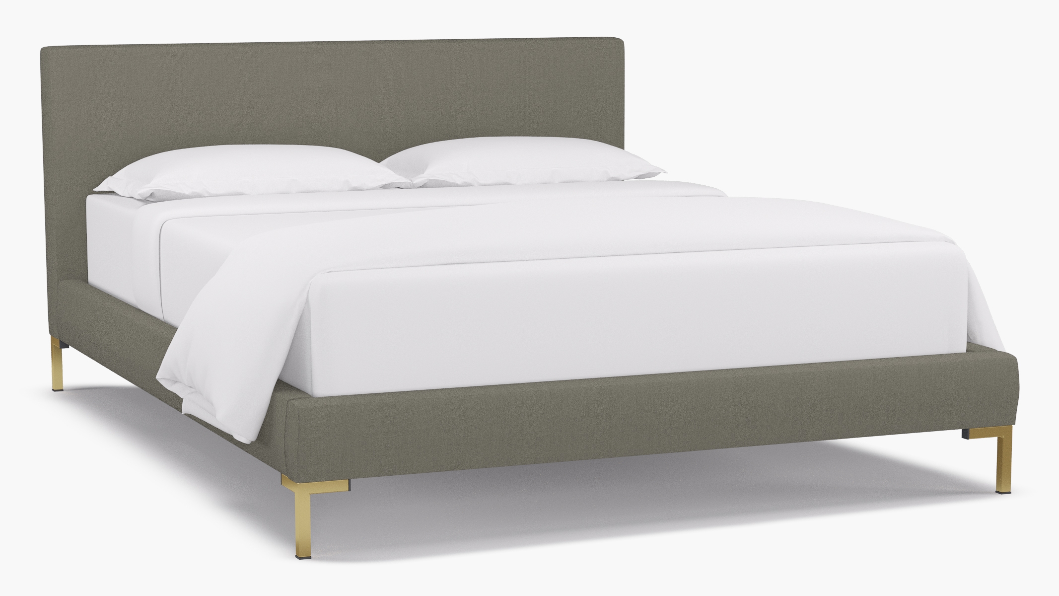 Modern Platform Bed, Putty Everyday Linen, Brass, Queen - Image 1