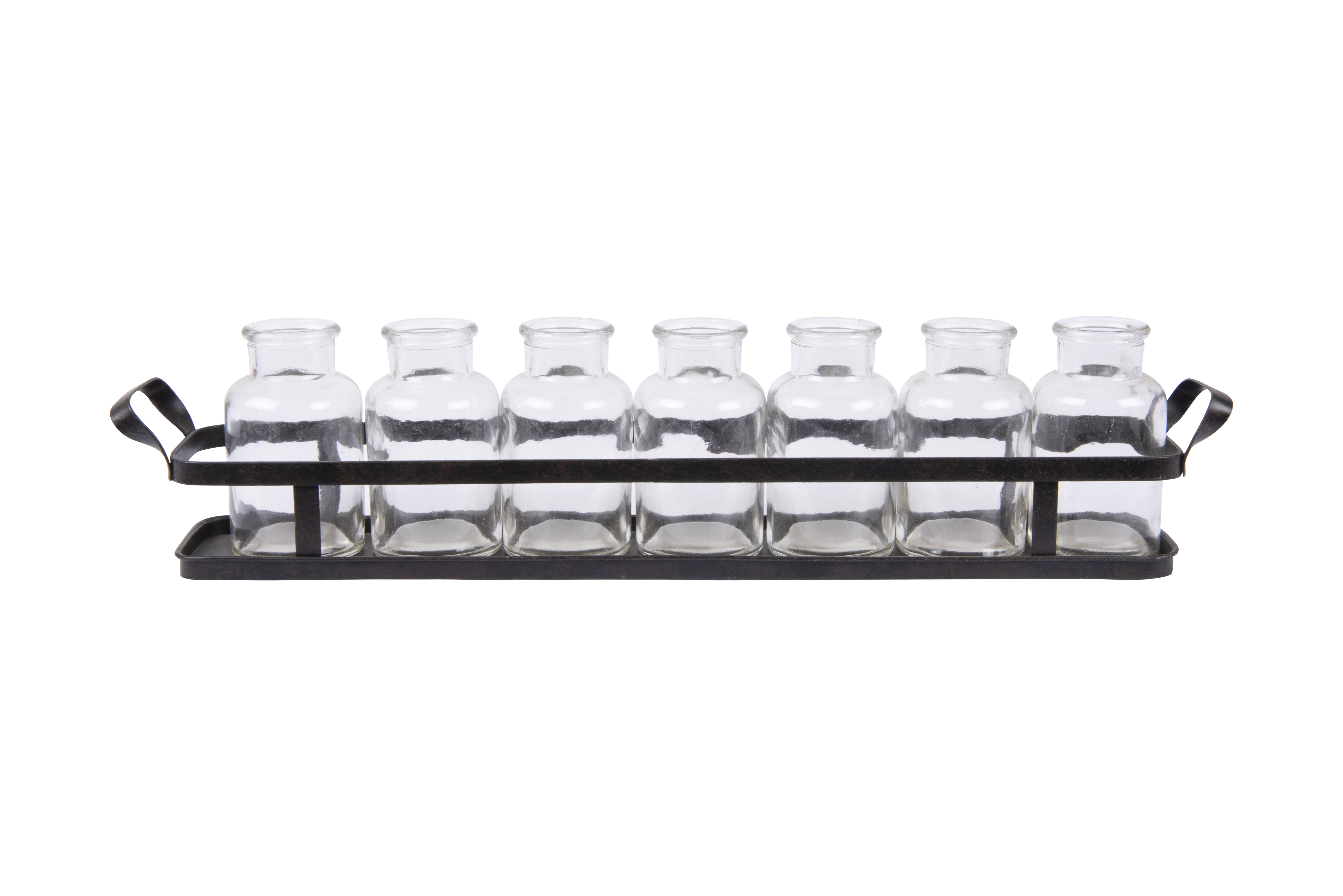7 Glass Bottles on Rectangle Metal Tray with Handles (Set of 8 Pieces) - Image 0