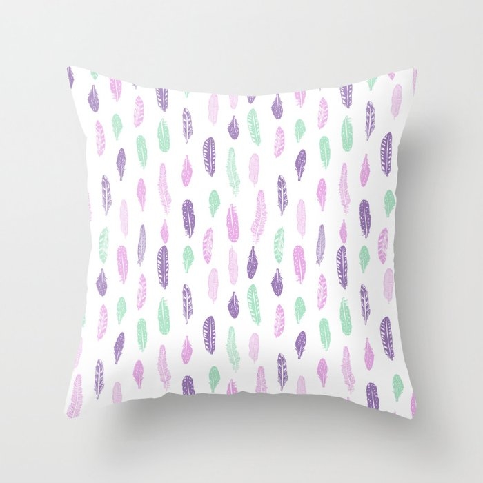Feathers Pastel Lilac And Mint Pink Nursery Pattern Minimal Trendy Boho Hipster Pattern Couch Throw Pillow by Charlottewinter - Cover (24" x 24") with pillow insert - Indoor Pillow - Image 0