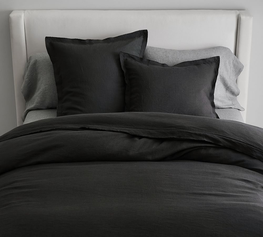 Belgian Flax Linen Double Flange Duvet Cover, Full/Queen, Black - Image 0