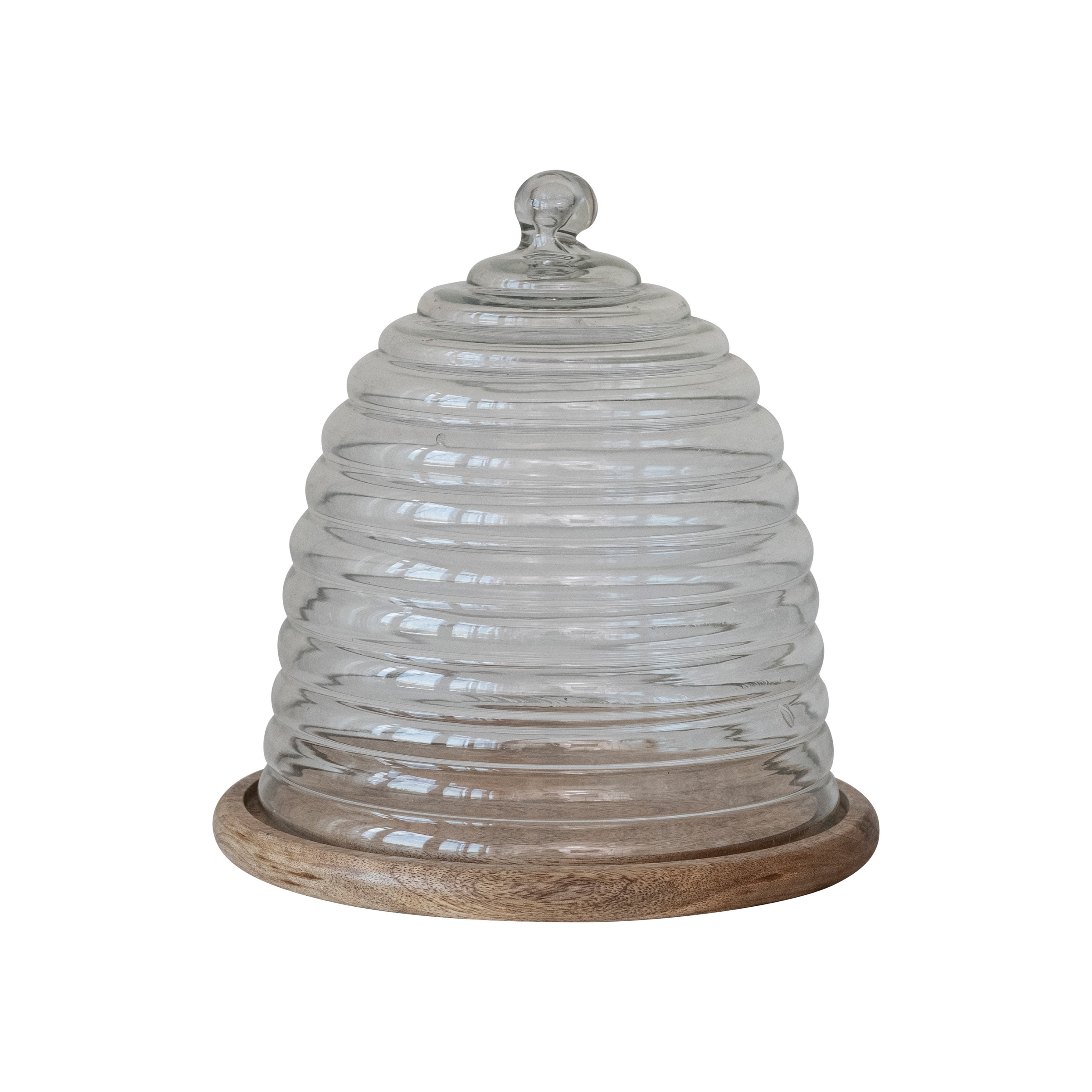 Reclaimed Etched Glass Beehive Shaped Cloche with Mango Wood Base, Clear and Natural - Image 0
