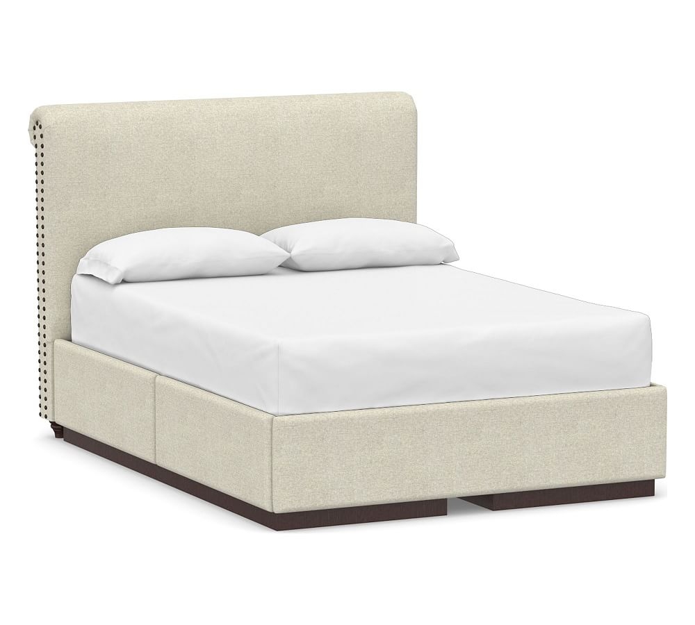 Chesterfield Non-Tufted Upholstered Headboard and Side Storage Platform Bed, Full, Performance Heathered Basketweave Alabaster White - Image 0