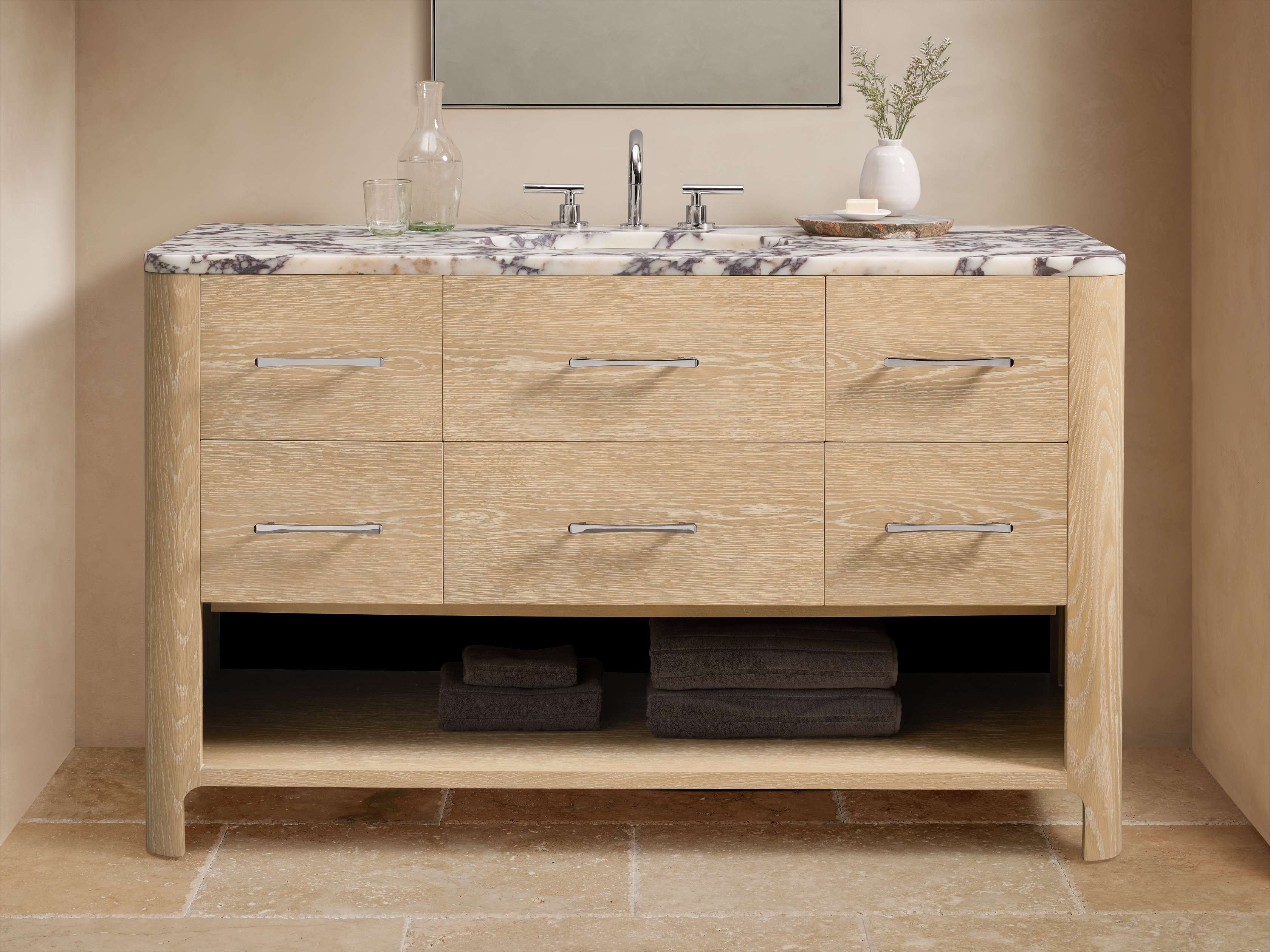 Calista Wide Single Vanity in Wood Natural  Calacatta Viola/Sand Nickel - Image 0
