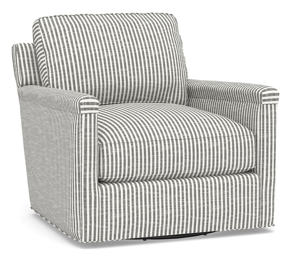 Tyler Square Arm Upholstered Swivel Armchair, Down Blend Wrapped Cushions, Classic Stripe Charcoal - Image 0