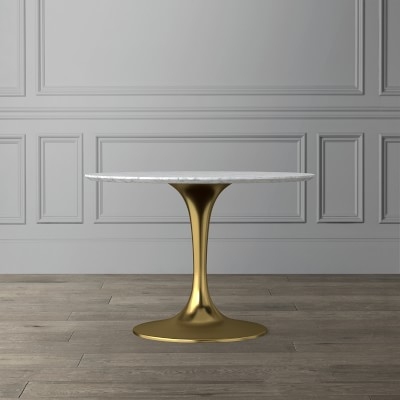 Tulip Pedestal Dining Table, Oval, Antique Brass Base, Black Marble Top - Image 3