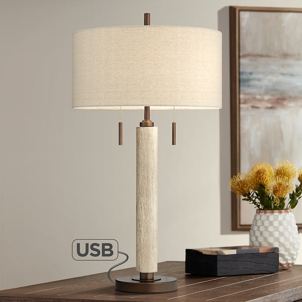 Hugo Wood Column USB Table Lamp with Table Top Dimmer - Style # 89N33 - Image 0