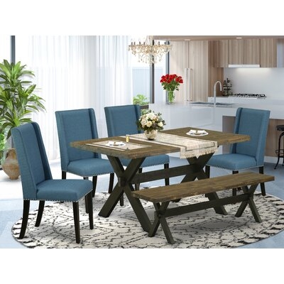20E110244CC34B0FBB5D23C19BFF6C60 6Pc Dinette Set - A Dining Table, Bench And 4 Linen Fabric Dining Chairs With Nail Heads, Linen White & Black Finish - Image 0