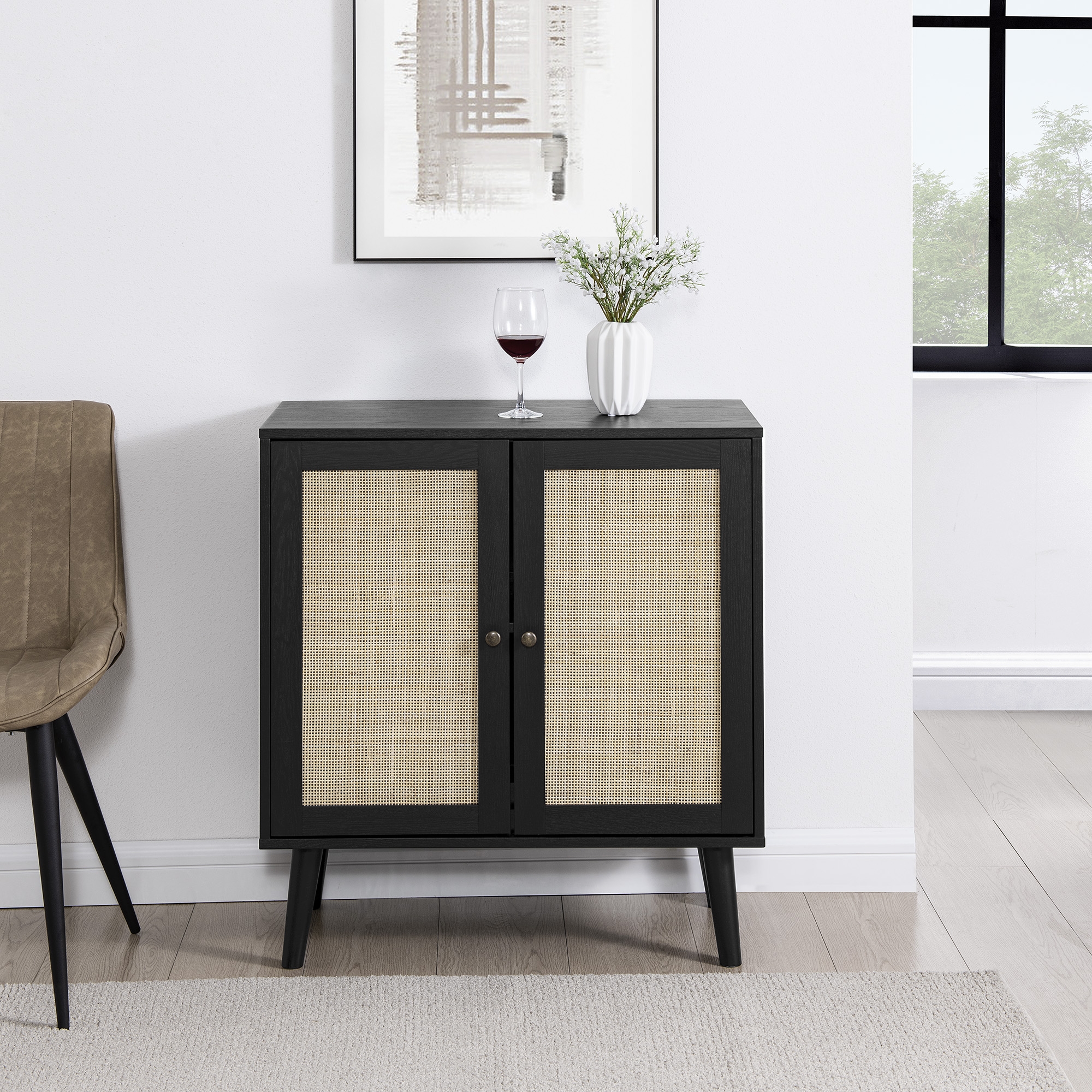 Boho 2 Door Solid Wood and Rattan Accent Cabinet – Black - Image 5