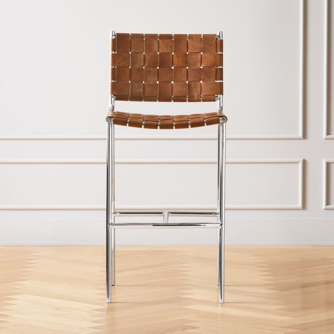 Woven 30" Brown Leather Bar Stool - Image 0
