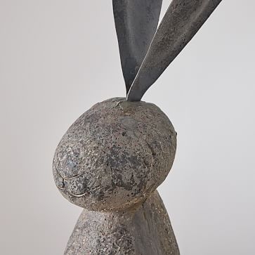 Faux Stone Rabbit, Metal, Short Ears, Gray - Image 1