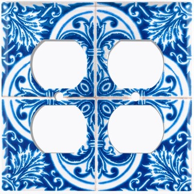 Metal Light Switch Plate Outlet Cover (Blue Damask Tile Leaves White  - Double Duplex) - Image 0