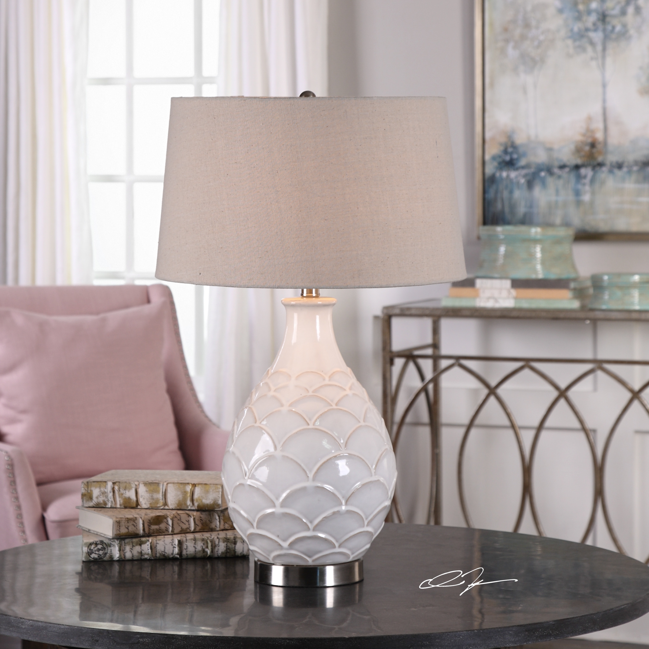 Camellia Glossed White Table Lamp - Image 0