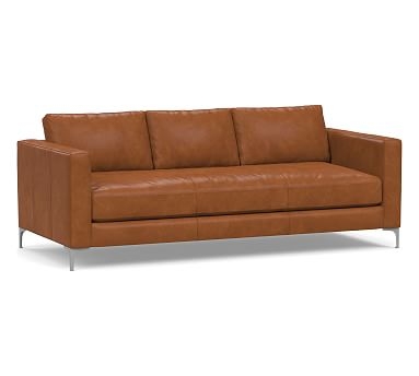 Jake Leather Sofa 85" with Brushed Nickel Legs, Down Blend Wrapped Cushions, Vintage Caramel - Image 0