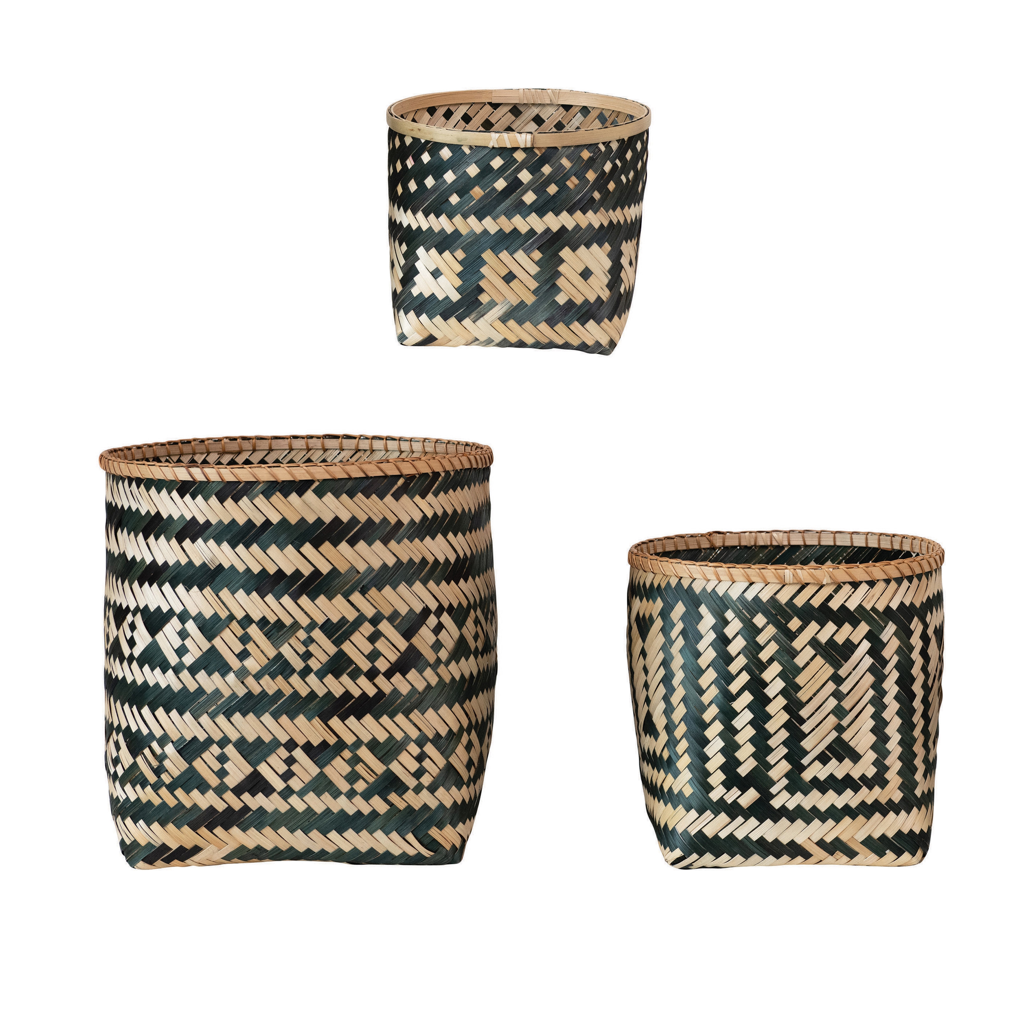 Bamboo Baskets with Pattern, Natural & Black, Set of 3 - Image 0