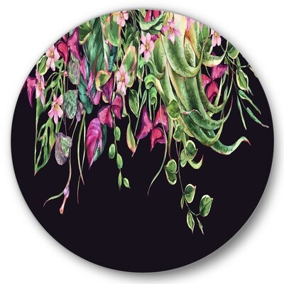Floral Tropical Leaves Om Black - Farmhouse Metal Circle Wall Art - Image 0