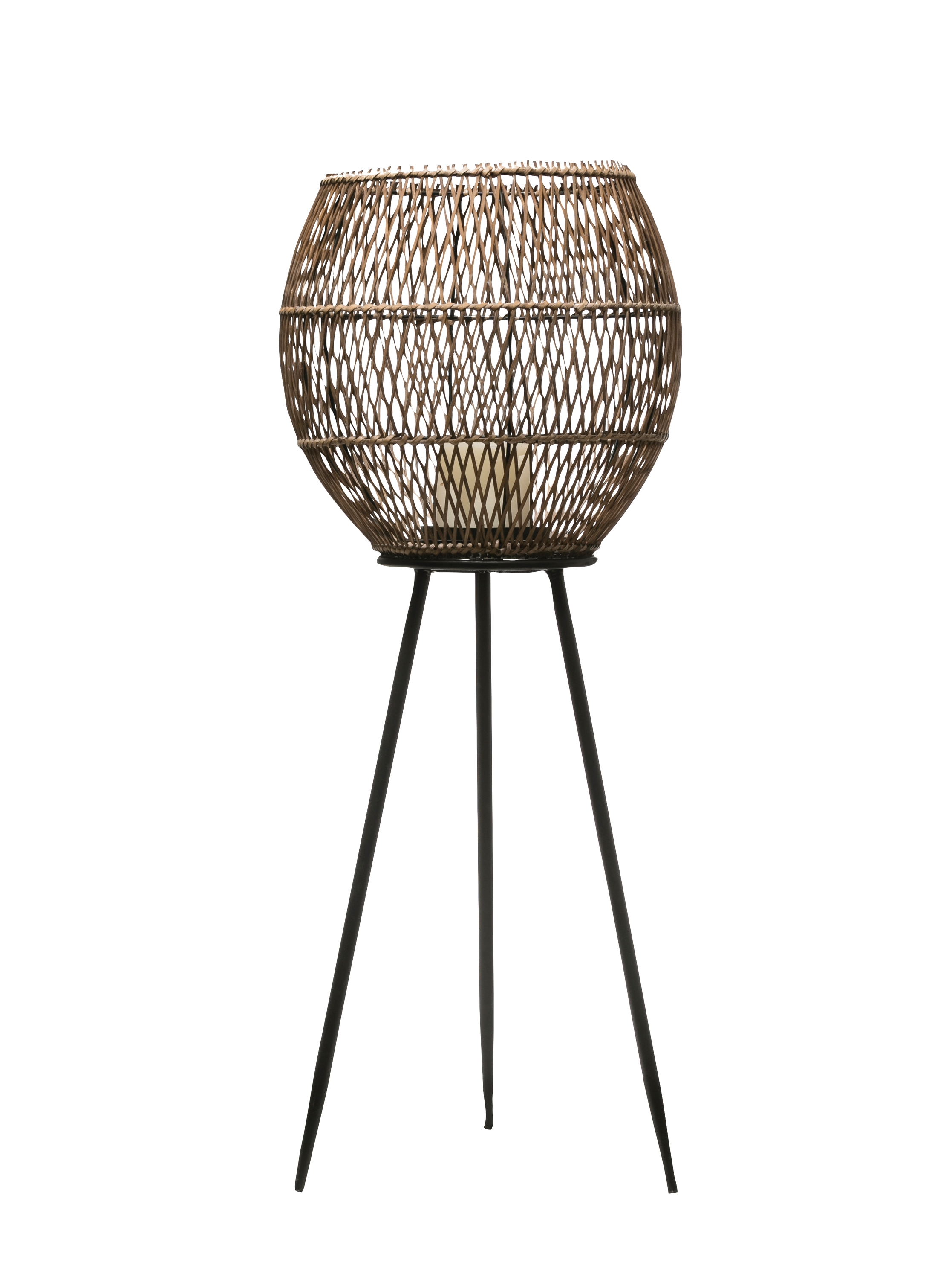 32.25"H Handwoven Bamboo & Rattan Lantern with Glass Insert & Tripod Metal Legs - Image 0
