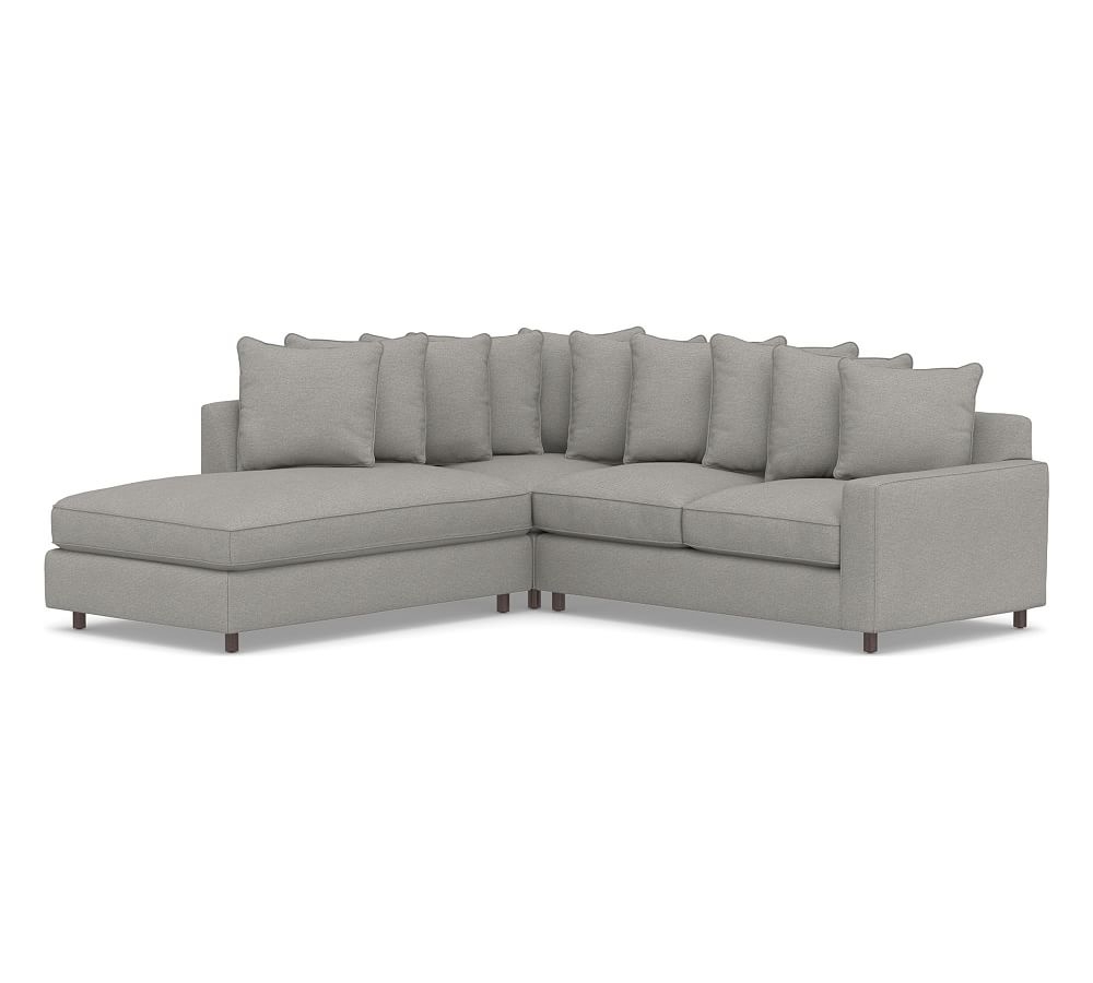 PB Comfort Square Arm Upholstered Right 3-Piece Bumper Sectional, Box Edge, Down Blend Wrapped Cushions, Performance Heathered Basketweave Platinum - Image 0