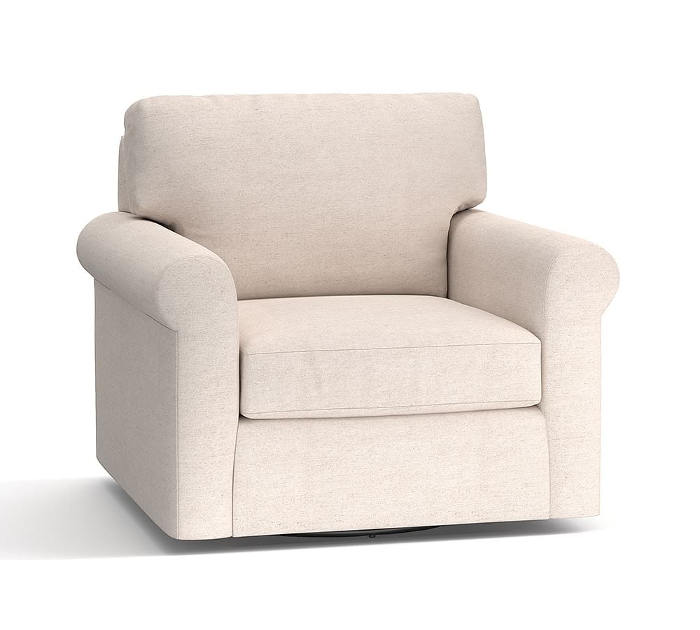 York Roll Arm Upholstered Swivel Armchair, Down Blend Wrapped Cushions, Park Weave Oatmeal - Image 0