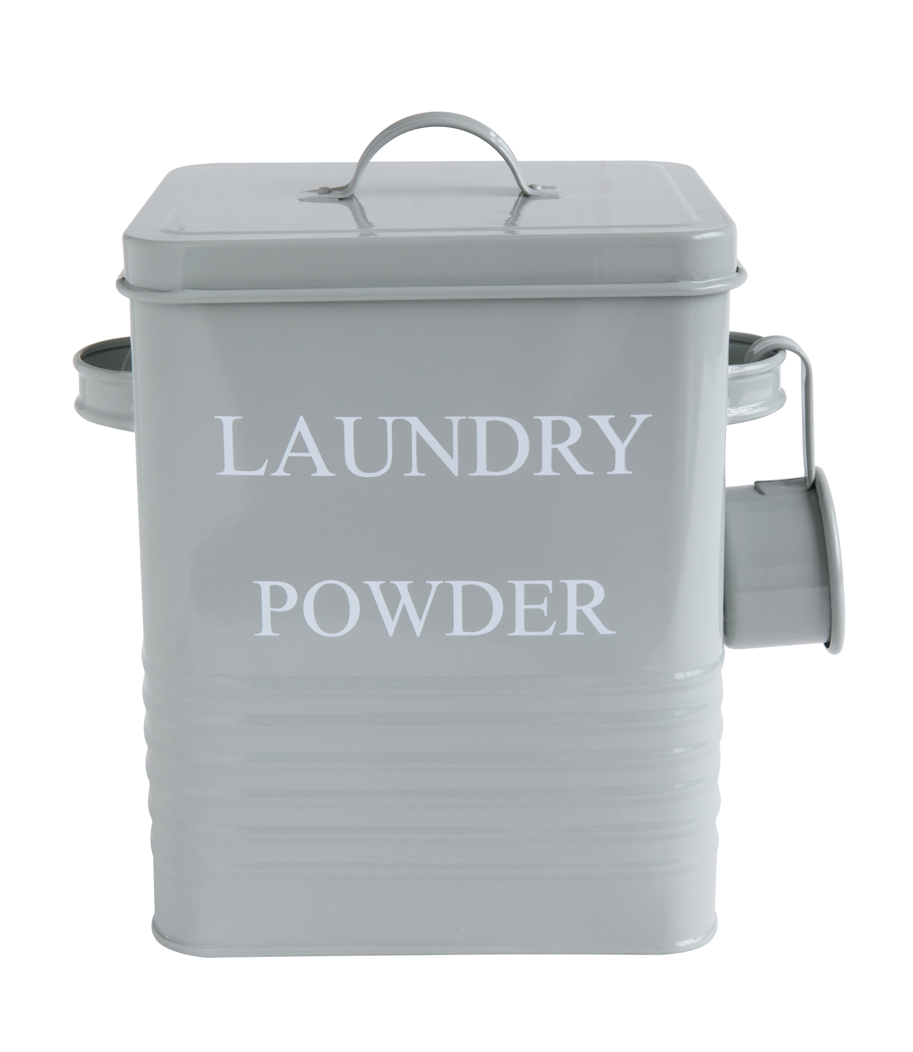 "Laundry Powder" 3 Piece Grey Metal Container with Lid & Scoop - Image 0