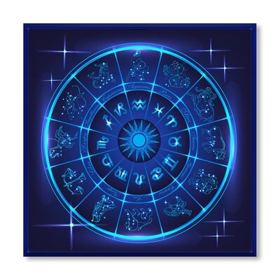 Neon Deep Blue Horoscope Circle With Zodiac Signs - Modern Canvas Wall Art Print-FL35039 - Image 0