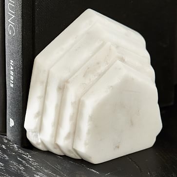 Marble Faceted Bookends, White Marble, Set of 2 - Image 1