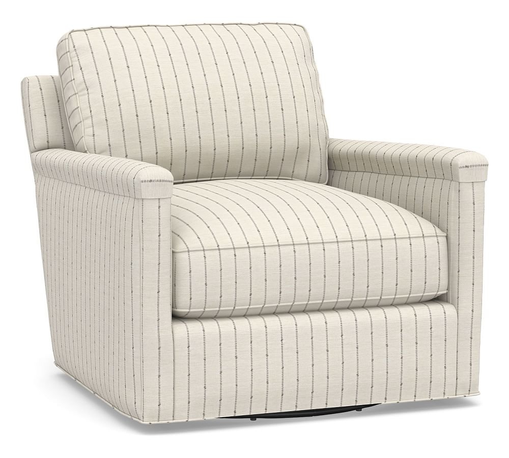 Tyler Square Arm Upholstered Swivel Armchair, Down Blend Wrapped Cushions, Slubby Pinstripe Oatmeal - Image 0