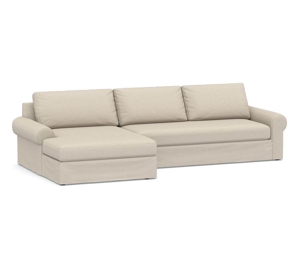 Big Sur Roll Arm Slipcovered Right Arm Sofa with Double Chaise Sectional and Bench Cushion, Down Blend Wrapped Cushions, Textured Twill Khaki - Image 0