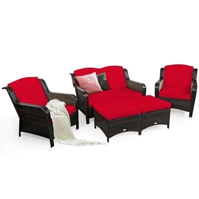 Red Barrel Studio® 5pcs Rattan Patio Conversation Sofa Furniture Set Outdoor W/ Red Cushions - Image 0