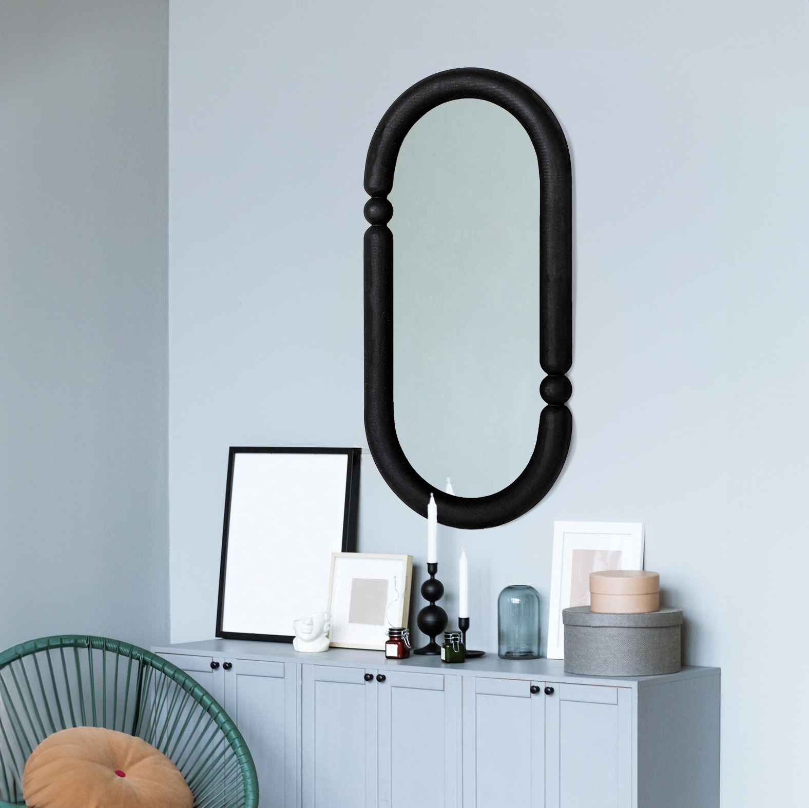 Oval Wood-Framed Wall Mirror, Black - Image 0