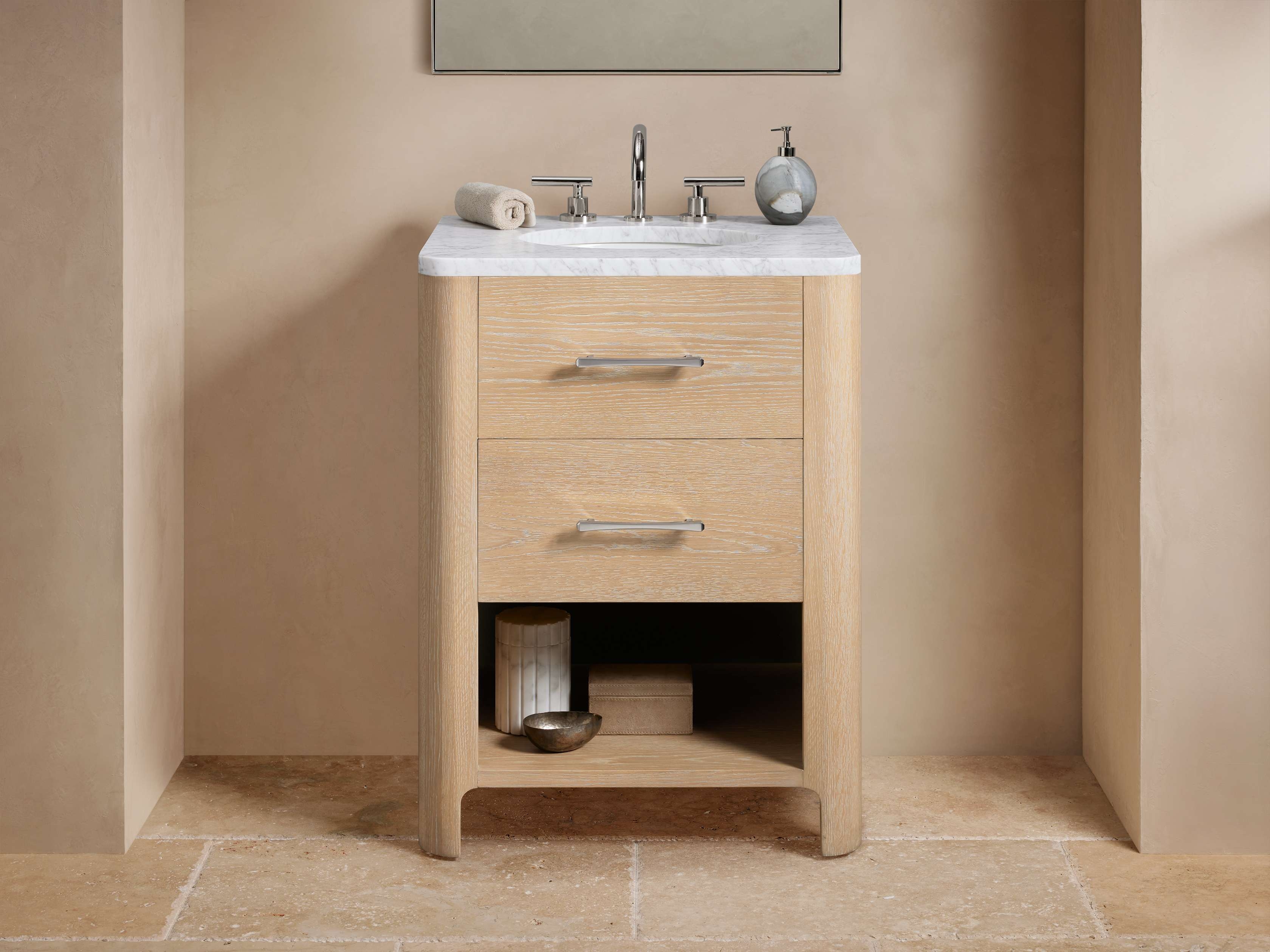 Calista Powder Vanity in Wood Natural  Carrara/Sand Nickel - Image 0