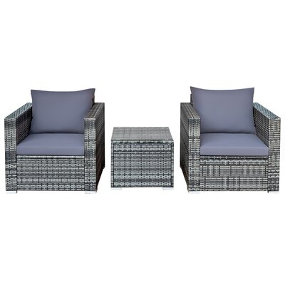 Ebern Designs 3 Pcs Patio Rattan Furniture Bistro Set Cushioned Sofa Chair Glass Table Garden - Image 0