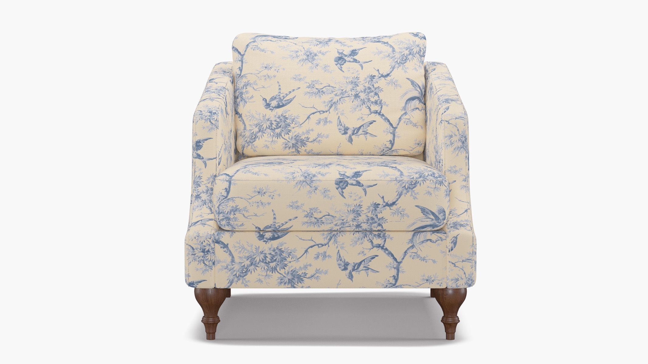 Slope Arm Chair, Blue Swallows, Walnut Turned Wood Leg - Image 0