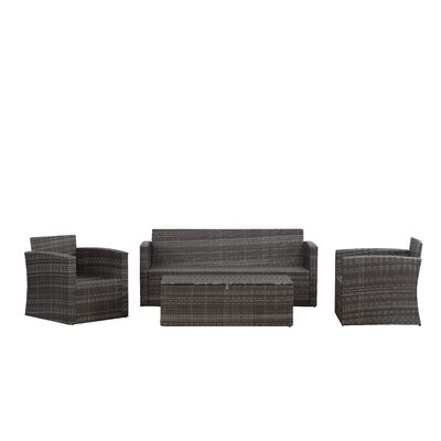 Outdoor Patio Furniture Set, 4 Piece Grey Rattan Wicker Sofa Cushioned With Storage Table, Blue With White Stripe - Image 0