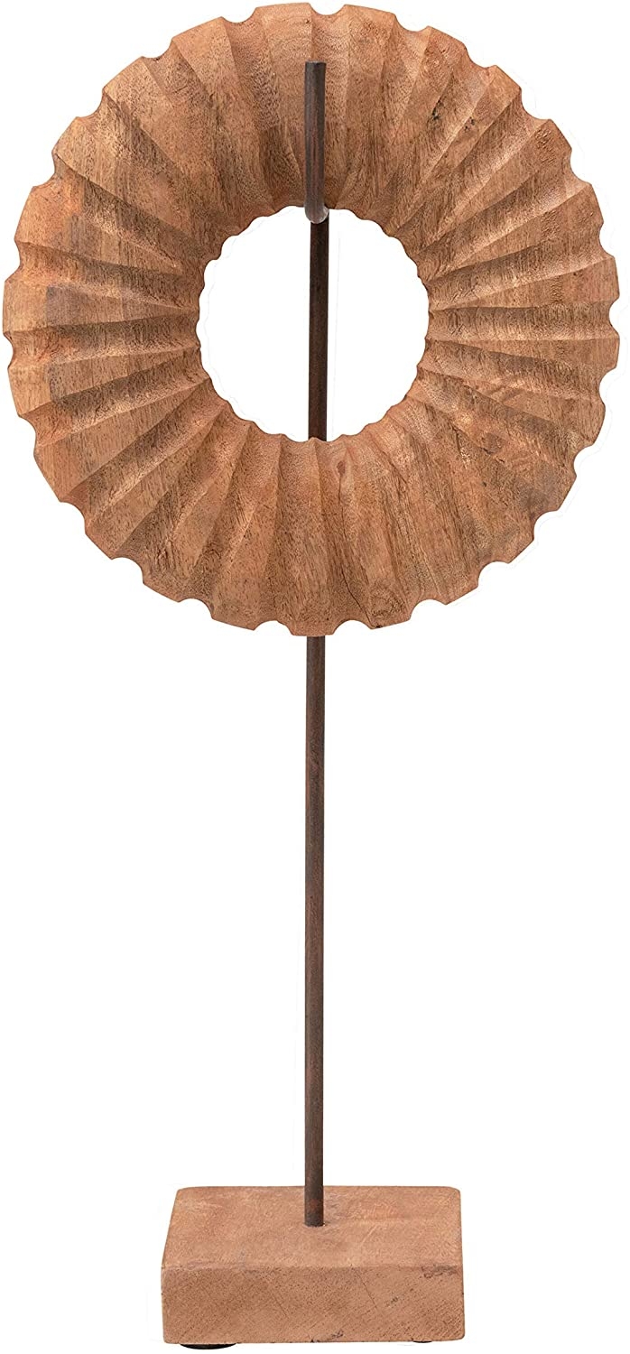 Hand-Carved Mango Wood Circle Object on Metal & Wood Stand, Set of 2 - Image 1