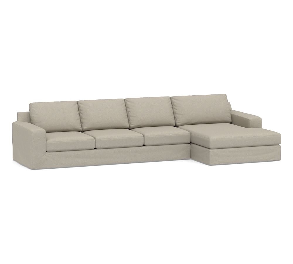 Big Sur Square Arm Slipcovered Left Arm Grand Sofa with Double Wide Chaise Sectional, Down Blend Wrapped Cushions, Performance Boucle Fog - Image 0