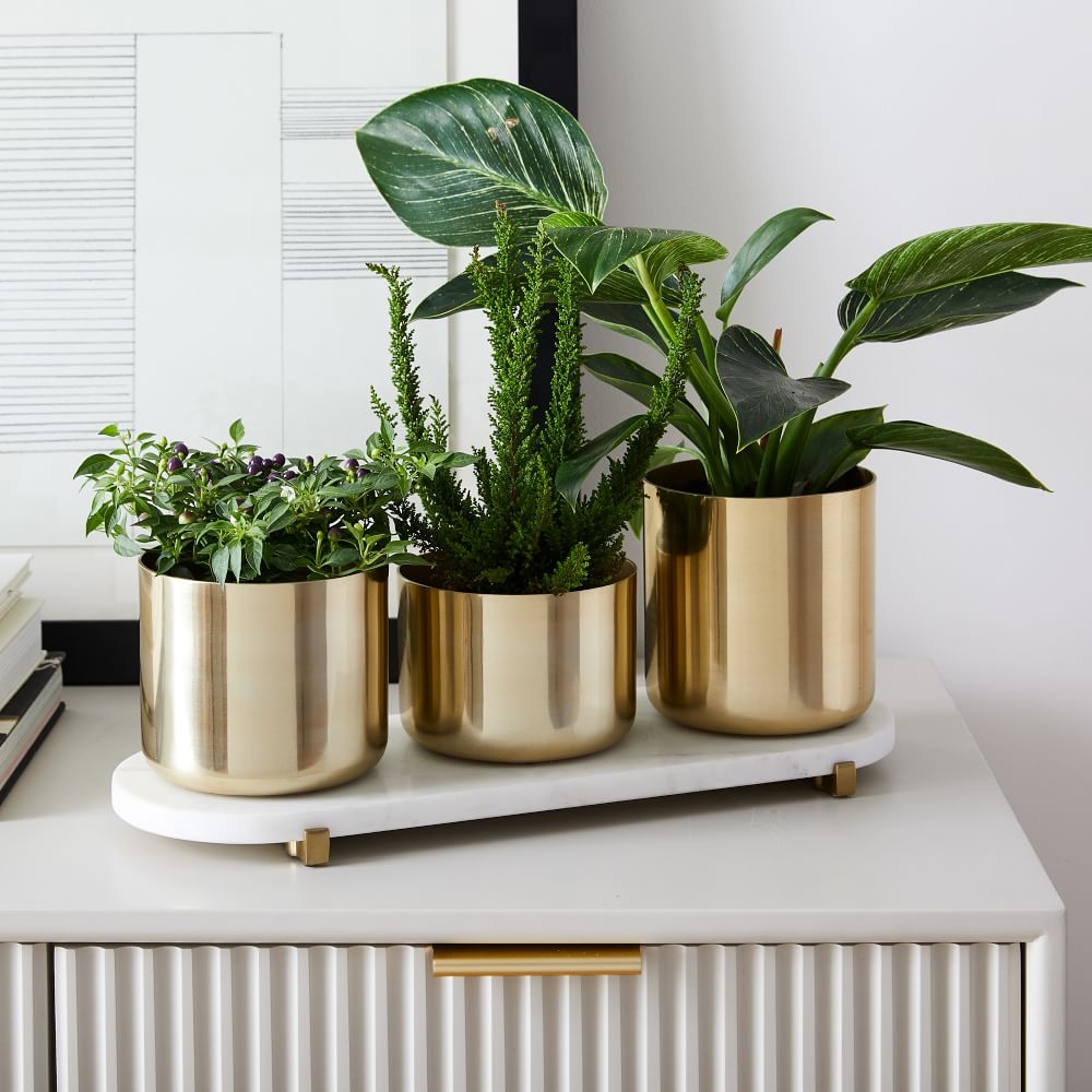 Calluna Planter Set With Pill Tray, Antique Brass & Marble, Set of 3 - Image 0
