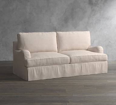 PB English Arm Slipcovered Sofa 80.5", Down Blend Wrapped Cushions, Performance Brushed Basketweave Chambray - Image 0