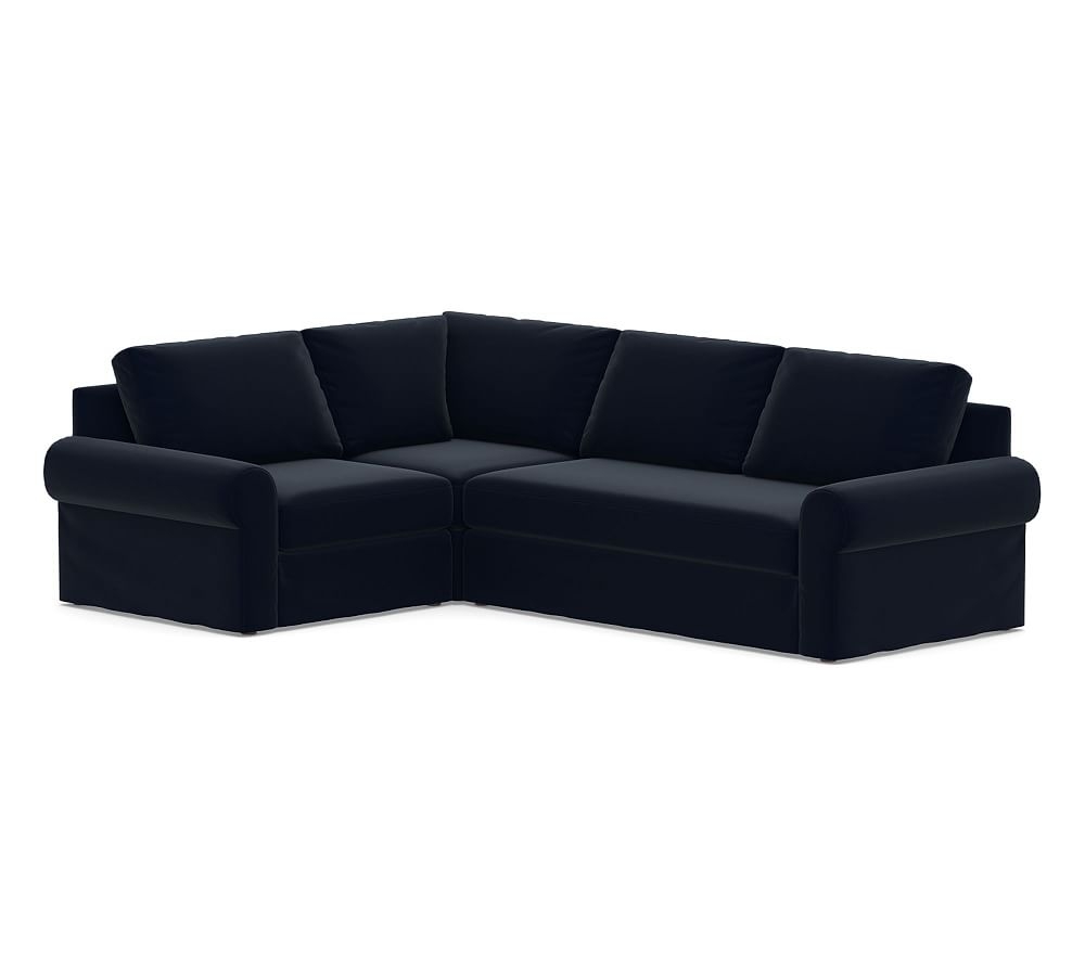 Big Sur Roll Arm Slipcovered Right Arm 3-Piece Corner Sectional with Bench Cushion, Down Blend Wrapped Cushions, Performance Plush Velvet Navy - Image 0