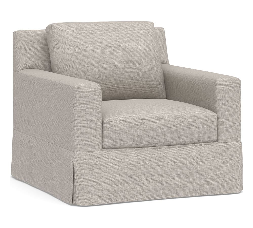 York Square Arm Slipcovered Armchair, Down Blend Wrapped Cushions, Chunky Basketweave Stone - Image 0