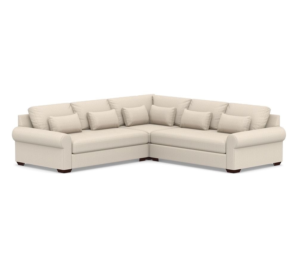 Big Sur Roll Arm Upholstered Deep Seat 3-Piece L-Shaped Corner Sectional with Bench Cushion, Down Blend Wrapped Cushions, Sunbrella(R) Performance Herringbone Oatmeal - Image 0